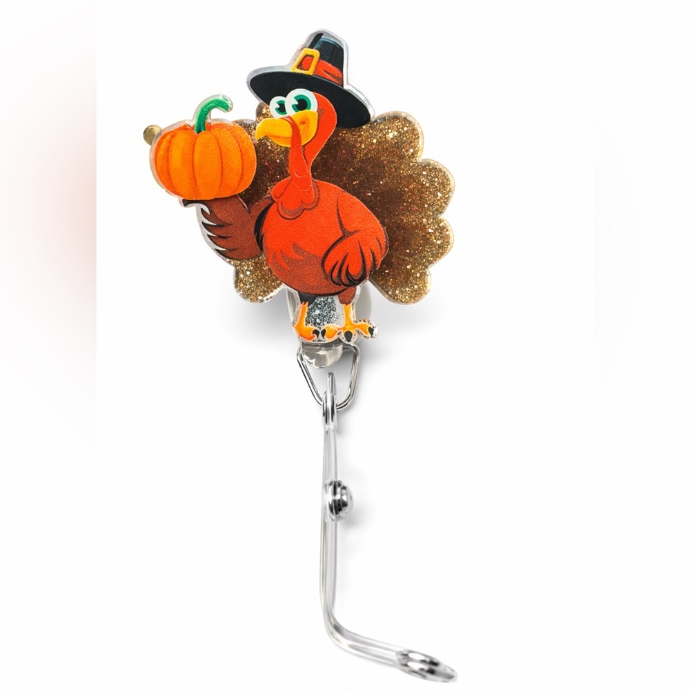 NWT Thanksgiving Turkey Pumpkin Glitter Badge Reel Retractable ID Holder